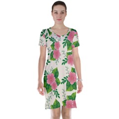 Cute-pink-flowers-with-leaves-pattern Short Sleeve Nightdress by Pakemis