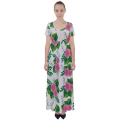 Cute-pink-flowers-with-leaves-pattern High Waist Short Sleeve Maxi Dress by Pakemis