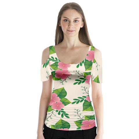 Cute-pink-flowers-with-leaves-pattern Butterfly Sleeve Cutout Tee  by Pakemis