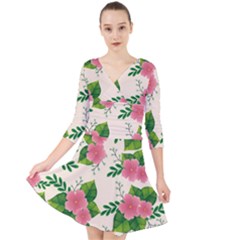 Cute-pink-flowers-with-leaves-pattern Quarter Sleeve Front Wrap Dress by Pakemis