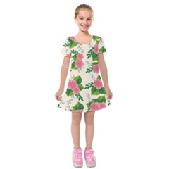 Cute-pink-flowers-with-leaves-pattern Kids  Short Sleeve Velvet Dress