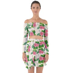 Cute-pink-flowers-with-leaves-pattern Off Shoulder Top With Skirt Set by Pakemis