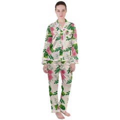 Cute-pink-flowers-with-leaves-pattern Women s Long Sleeve Satin Pajamas Set	 by Pakemis