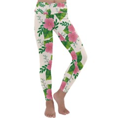 Cute-pink-flowers-with-leaves-pattern Kids  Lightweight Velour Classic Yoga Leggings by Pakemis