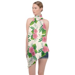 Cute-pink-flowers-with-leaves-pattern Halter Asymmetric Satin Top by Pakemis