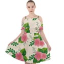 Cute-pink-flowers-with-leaves-pattern Cut Out Shoulders Chiffon Dress View1