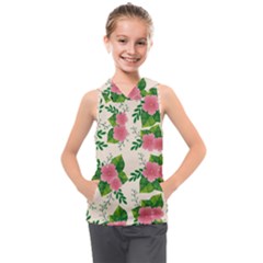 Cute-pink-flowers-with-leaves-pattern Kids  Sleeveless Hoodie by Pakemis