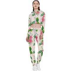 Cute-pink-flowers-with-leaves-pattern Cropped Zip Up Lounge Set by Pakemis