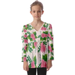 Cute-pink-flowers-with-leaves-pattern Kids  V Neck Casual Top by Pakemis