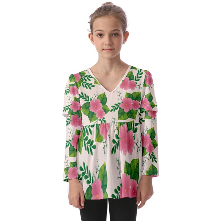 Cute-pink-flowers-with-leaves-pattern Kids  V Neck Casual Top