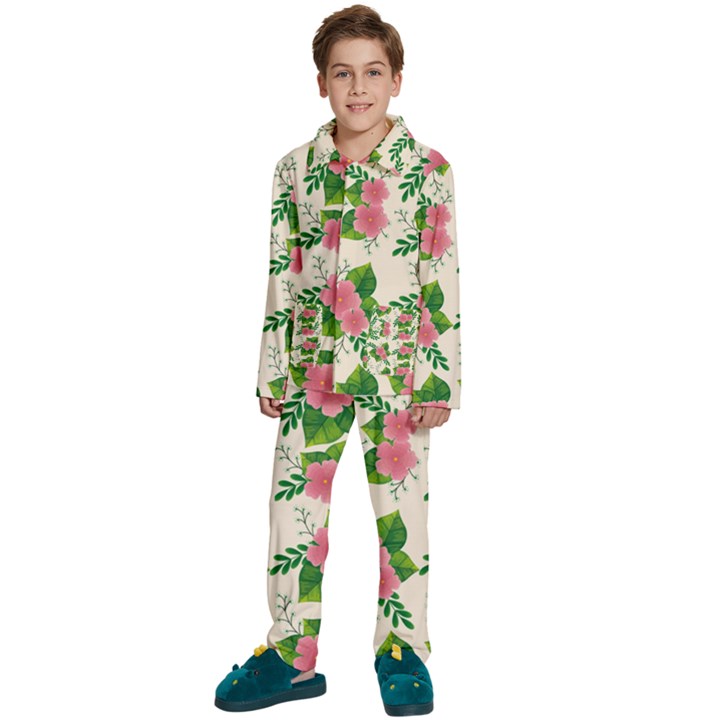 Cute-pink-flowers-with-leaves-pattern Kids  Long Sleeve Velvet Pajamas Set