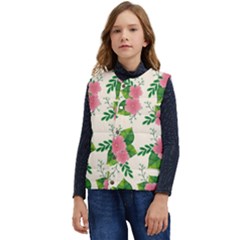 Cute-pink-flowers-with-leaves-pattern Kid s Short Button Up Puffer Vest	 by Pakemis