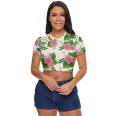 Cute-pink-flowers-with-leaves-pattern Side Button Cropped Tee by Pakemis