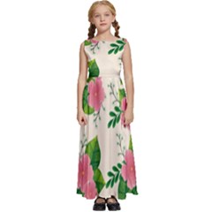 Cute-pink-flowers-with-leaves-pattern Kids  Satin Sleeveless Maxi Dress by Pakemis