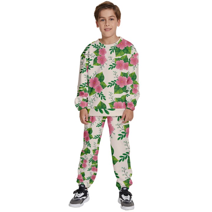 Cute-pink-flowers-with-leaves-pattern Kids  Sweatshirt set