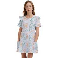 Hand-drawn-cute-flowers-with-leaves-pattern Kids  Frilly Sleeves Pocket Dress by Pakemis