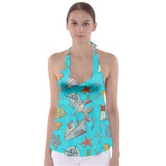 Colored-sketched-sea-elements-pattern-background-sea-life-animals-illustration Babydoll Tankini Top