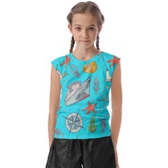 Colored-sketched-sea-elements-pattern-background-sea-life-animals-illustration Kids  Raglan Cap Sleeve Tee by Pakemis