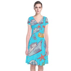 Colored-sketched-sea-elements-pattern-background-sea-life-animals-illustration Short Sleeve Front Wrap Dress