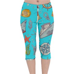 Colored-sketched-sea-elements-pattern-background-sea-life-animals-illustration Velvet Capri Leggings  by Pakemis