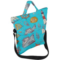 Colored-sketched-sea-elements-pattern-background-sea-life-animals-illustration Fold Over Handle Tote Bag by Pakemis