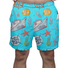 Colored-sketched-sea-elements-pattern-background-sea-life-animals-illustration Men s Shorts by Pakemis