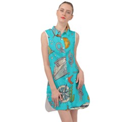 Colored-sketched-sea-elements-pattern-background-sea-life-animals-illustration Sleeveless Shirt Dress by Pakemis