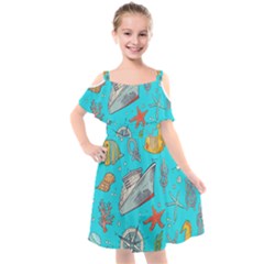 Colored-sketched-sea-elements-pattern-background-sea-life-animals-illustration Kids  Cut Out Shoulders Chiffon Dress