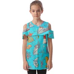 Colored-sketched-sea-elements-pattern-background-sea-life-animals-illustration Fold Over Open Sleeve Top