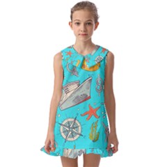 Colored-sketched-sea-elements-pattern-background-sea-life-animals-illustration Kids  Pilgrim Collar Ruffle Hem Dress