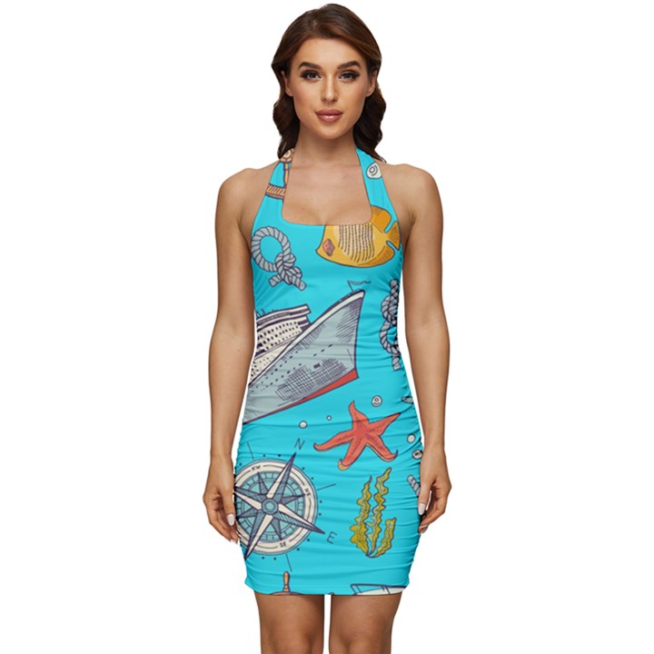 Colored-sketched-sea-elements-pattern-background-sea-life-animals-illustration Sleeveless Wide Square Neckline Ruched Bodycon Dress