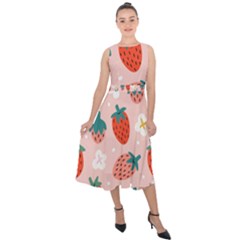 Strawberry-seamless-pattern Midi Tie-back Chiffon Dress by Pakemis