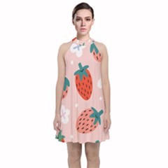 Strawberry-seamless-pattern Velvet Halter Neckline Dress  by Pakemis