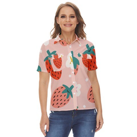 Strawberry-seamless-pattern Women s Short Sleeve Double Pocket Shirt by Pakemis