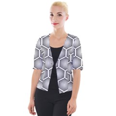 Halftone-tech-hexagons-seamless-pattern Cropped Button Cardigan by Pakemis