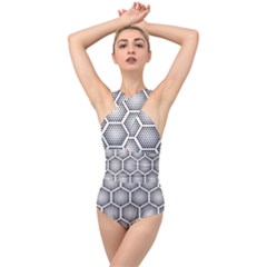 Halftone-tech-hexagons-seamless-pattern Cross Front Low Back Swimsuit by Pakemis