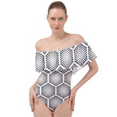 Halftone-tech-hexagons-seamless-pattern Off Shoulder Velour Bodysuit  by Pakemis