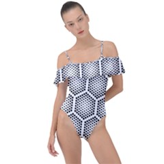 Halftone-tech-hexagons-seamless-pattern Frill Detail One Piece Swimsuit by Pakemis