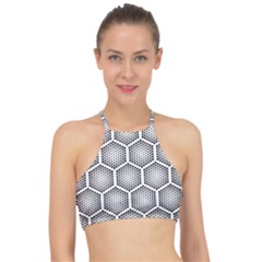 Halftone-tech-hexagons-seamless-pattern Racer Front Bikini Top by Pakemis