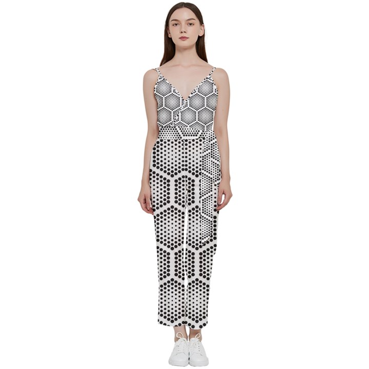 Halftone-tech-hexagons-seamless-pattern V-Neck Spaghetti Strap Tie Front Jumpsuit