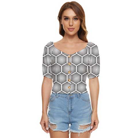 Halftone-tech-hexagons-seamless-pattern Button Up Blouse by Pakemis