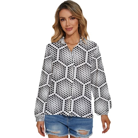 Halftone-tech-hexagons-seamless-pattern Women s Long Sleeve Button Down Shirt by Pakemis