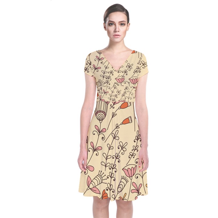 Seamless-pattern-with-different-flowers Short Sleeve Front Wrap Dress