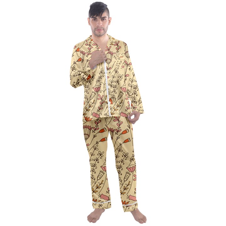 Seamless-pattern-with-different-flowers Men s Long Sleeve Satin Pajamas Set