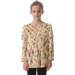 Seamless-pattern-with-different-flowers Kids  V Neck Casual Top