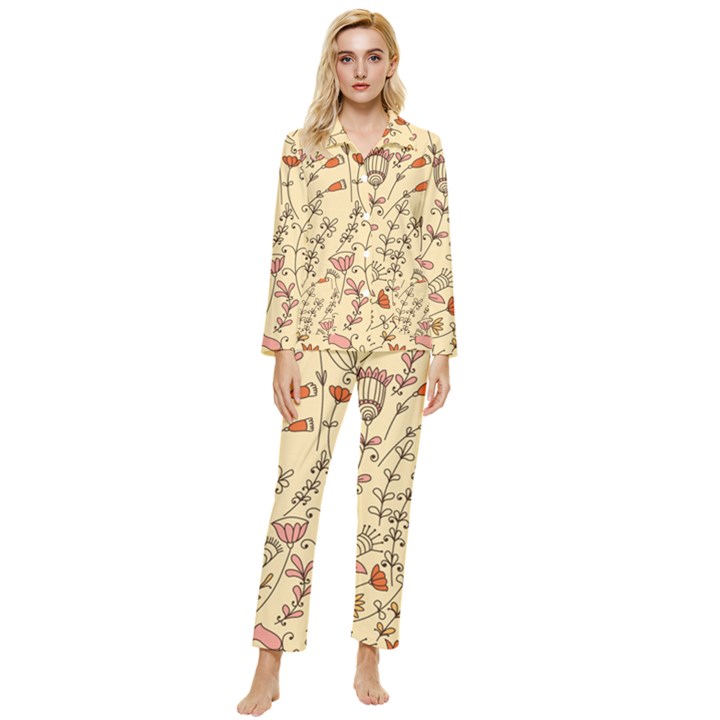 Seamless-pattern-with-different-flowers Womens  Long Sleeve Velvet Pocket Pajamas Set