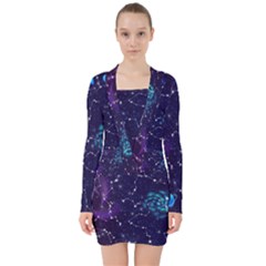 Realistic-night-sky-poster-with-constellations V-neck Bodycon Long Sleeve Dress by Pakemis