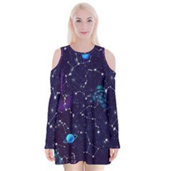 Realistic-night-sky-poster-with-constellations Velvet Long Sleeve Shoulder Cutout Dress by Pakemis