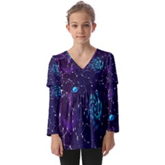 Realistic-night-sky-poster-with-constellations Kids  V Neck Casual Top by Pakemis