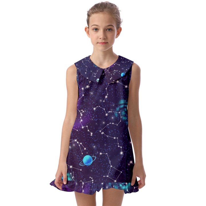 Realistic-night-sky-poster-with-constellations Kids  Pilgrim Collar Ruffle Hem Dress